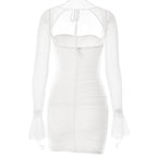 Mesh flared sleeve solid ruched zip-up lace up mini dress