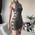 Glitter hollow out high neck button sleeveless mini dress