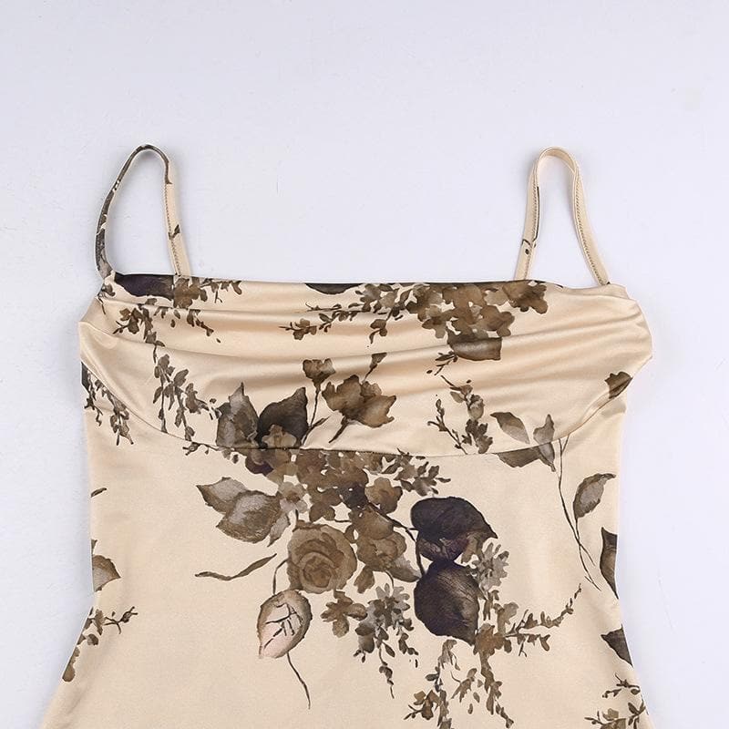 Sleeveless backless cowl neck flower pattern cami dress