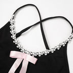 Bowknot ribbon lace hem u neck cross back backless cami mini dress