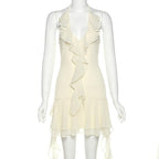 Halter backless v neck ruffle mini dress