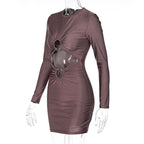 Long sleeve solid ruched o ring hollow out mini dress
