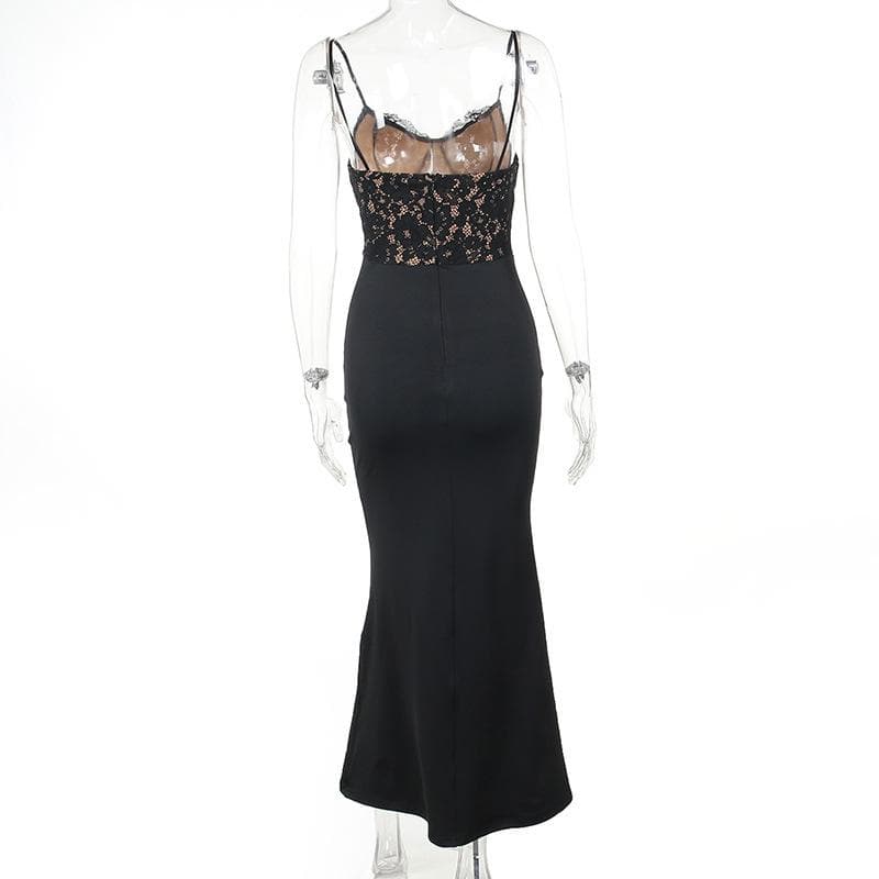 Lace patchwork v neck backless cami maxi dress