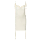 Cowl neck self tie backless ribbon solid mini dress