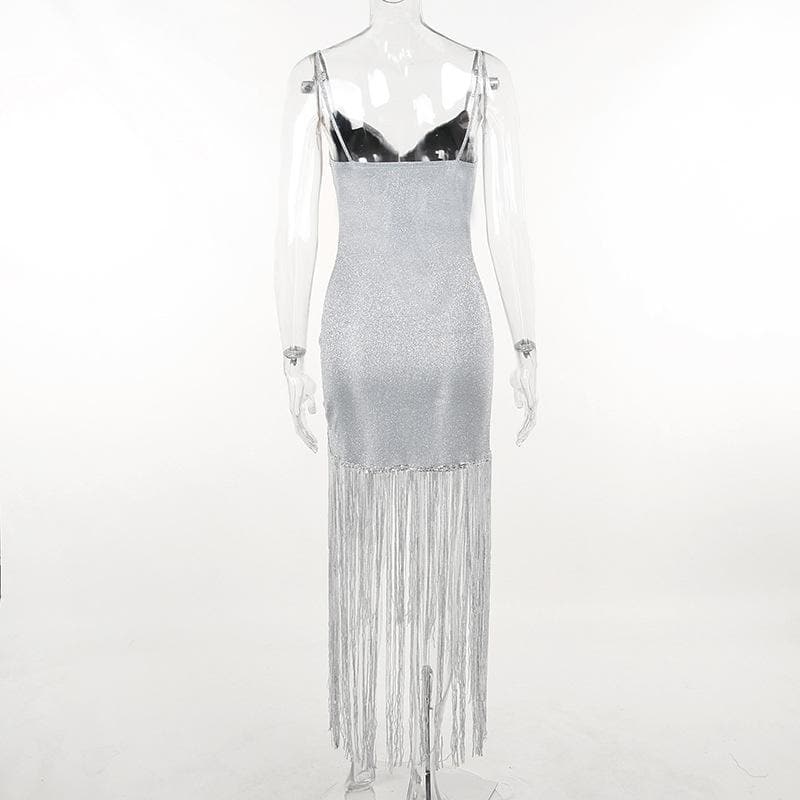 Solid ruched textured glitter tassels backless mini dress