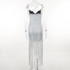 Solid ruched textured glitter tassels backless mini dress