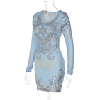Beaded long sleeve u neck abstract contrast mini dress