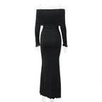 Ruched solid long sleeve off shoulder ruffle maxi dress