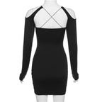 Cross front hollow out off shoulder long sleeve mini dress
