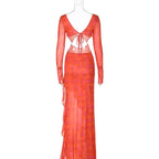 Long sleeve solid mesh slit v neck ruffle hollow out maxi dress