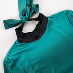 High neck long sleeve self tie backless gradient mini dress