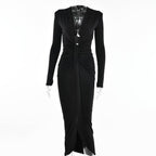 Long sleeve v neck solid ruched slit midi dress