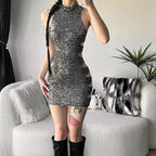 Glitter hollow out high neck button sleeveless mini dress