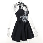Halter backless v neck skull pattern ruched mini dress