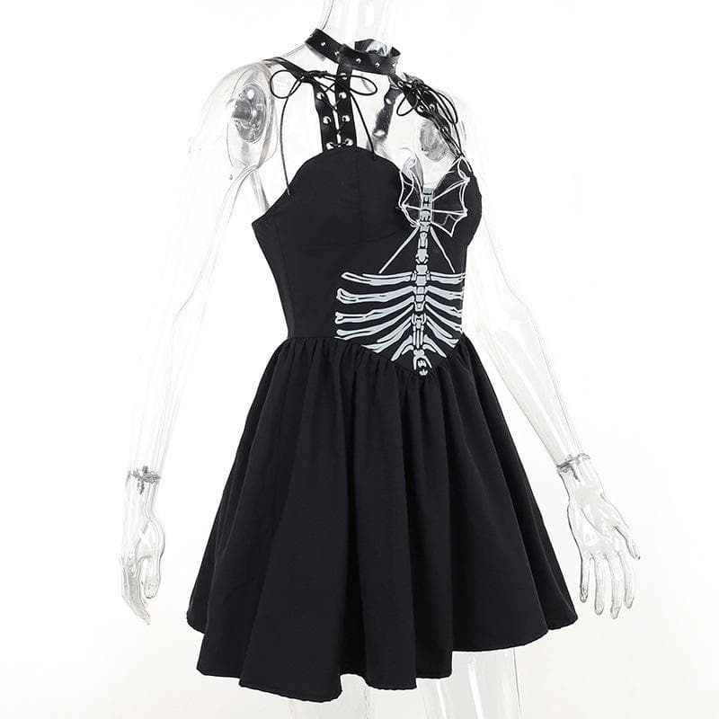 Halter backless v neck skull pattern ruched mini dress