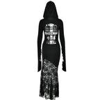 Lace cross patchwork hoodie long flared sleeve irregular maxi dress | victorian gothic dresses