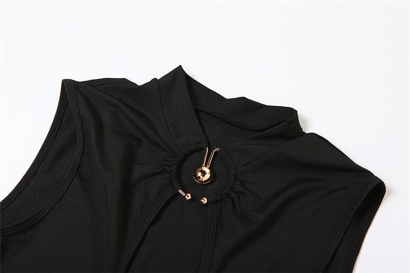 Sleeveless o ring self tie hollow out solid mini dress