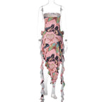 Butterfly print ruffle ribbon flower applique contrast backless maxi dress
