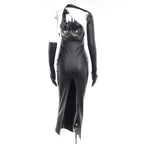 Gloves solid PU leather irregular one shoulder slit midi dress