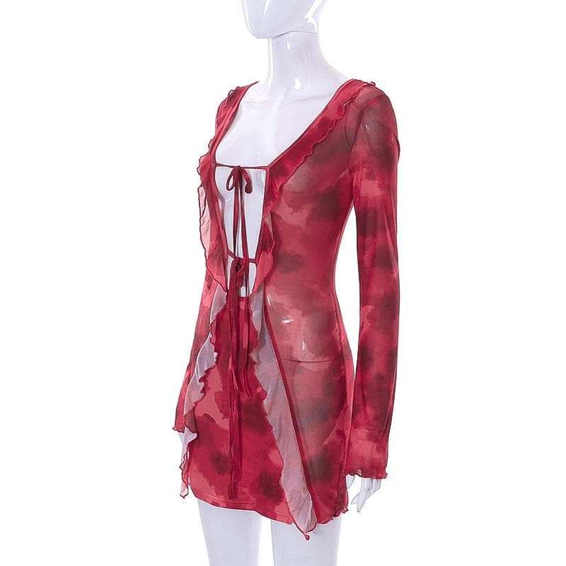 Long sleeve contrast print self tie ruffle mini dress