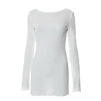 Textured solid self tie backless long sleeve ruffle mini dress