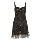 Mesh ruffle backless flower embroidery contrast cami mini dress