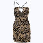 Mesh contrast hollow out cross back velvet mini dress