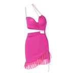 Irregular hollow out ruffle backless one shoulder spaghetti strap mini dress