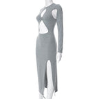 Hollow out long sleeve crewneck slit irregular o ring midi dress