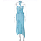 Halter drawstring solid slit hollow out o ring self tie midi dress