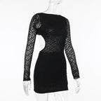 Lace solid long sleeve backless hollow out self tie mini dress
