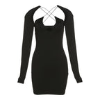 Cross front hollow out off shoulder long sleeve mini dress