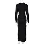 Long sleeve solid hollow out slit self tie lace up midi dress