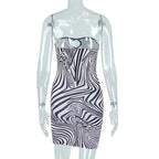 Zebra print off shoulder contrast hollow out backless mini dress