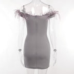 Feather backless zip-up off shoulder corset mini dress
