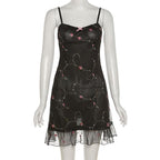 Mesh ruffle backless flower embroidery contrast cami mini dress