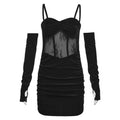 Velvet gloves ruched mesh backless cami mini dress