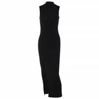 High neck sleeveless solid slit irregular midi dress