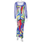 Long sleeve contrast abstract mesh midi dress