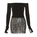 Glitter patchwork off shoulder gloves mini dress