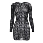 Fishnet see through long sleeve hollow out mini dress