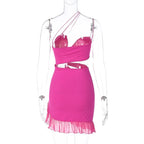 Irregular hollow out ruffle backless one shoulder spaghetti strap mini dress
