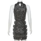 Glitter hollow out high neck button sleeveless mini dress