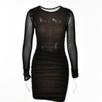 Mesh long sleeve solid ruched crewneck mini dress