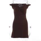 Textured off shoulder metal chain knotted mini dress