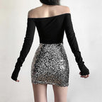Glitter patchwork off shoulder gloves mini dress