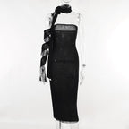 Flower applique solid lace up ribbon tube midi dress