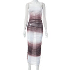 Gradient sheer mesh see through ruched tube maxi dress