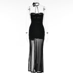 Flower applique sheer mesh hollow out solid backless zip-up slit tube midi dress