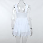 Button patchwork chiffon ruffle low cut mini dress - Final Sale